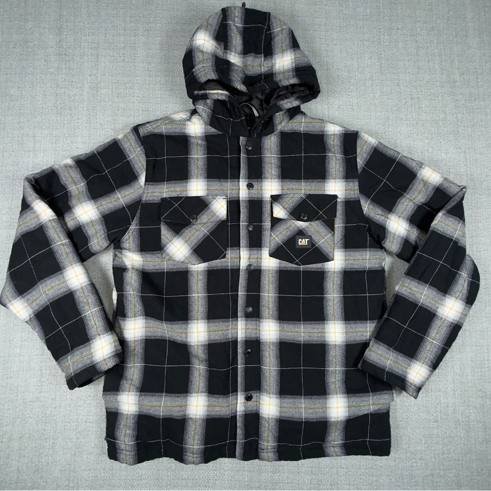 CATERPILLAR HOODED QUILTED FLANNEL BUTTON UP WORK WEAR JACKET in Men's L LARGE
